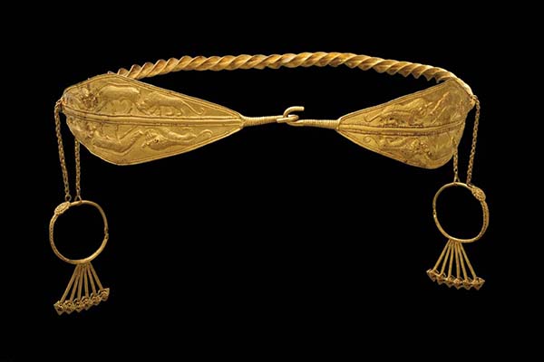 Gold Diadem with Animal Combat Scenes and Temple Ornaments